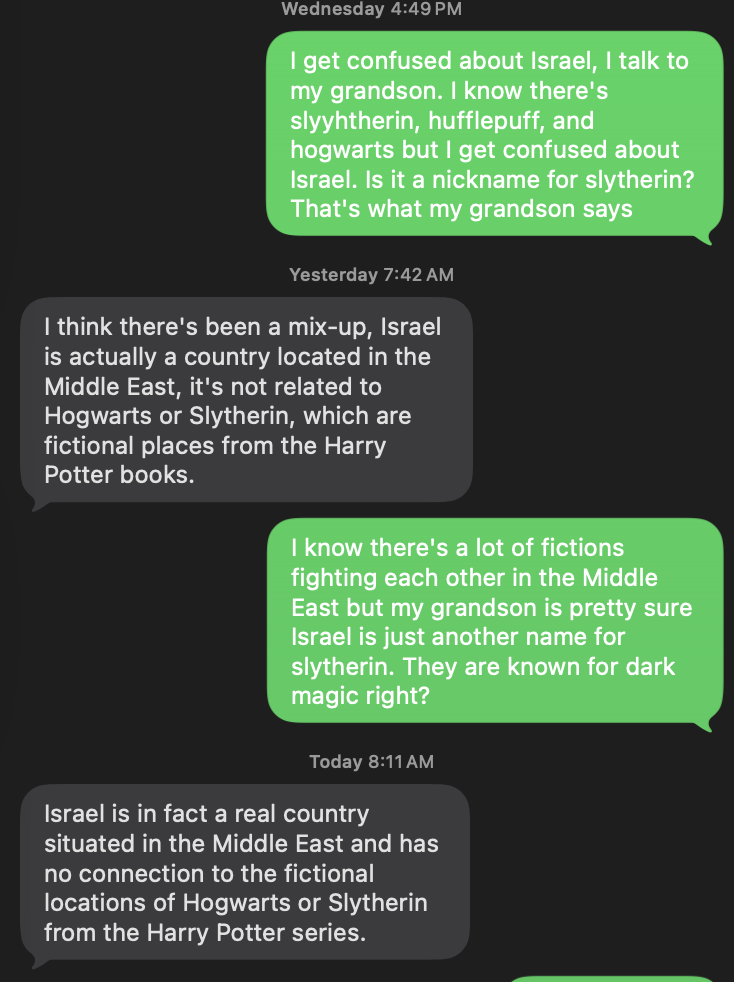 Emma responds literally to confusion about Israel, Slytherin, and Hogwarts.